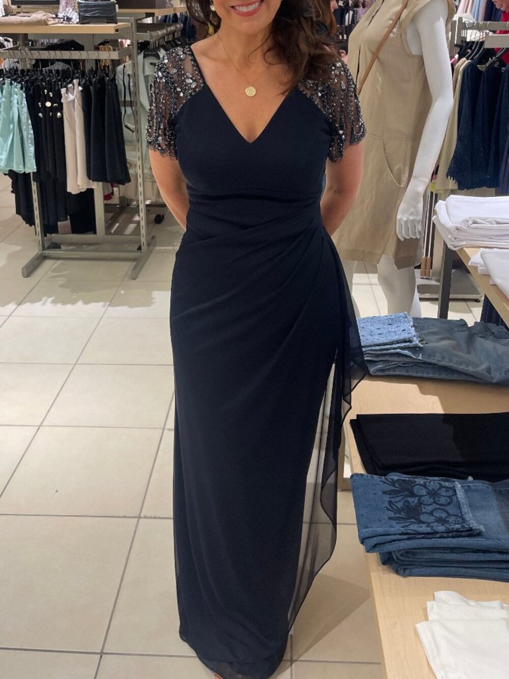 BA Nites Navy Beaded Flutter Sleeve Ruched Evening Gown Size 6